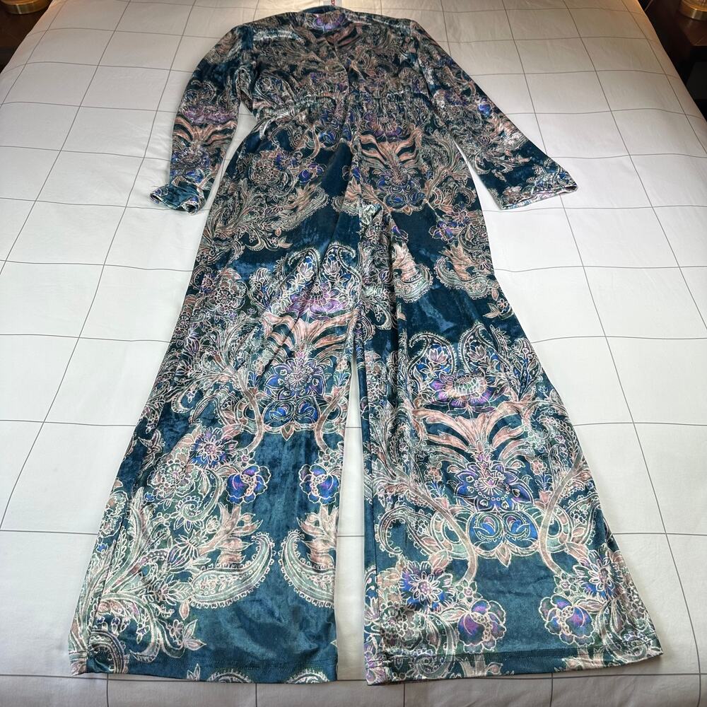 Free People Delphine Jumpsuit Womens Medium Blue Velvet Paisley Bohemian Holiday - Picture 4 of 14